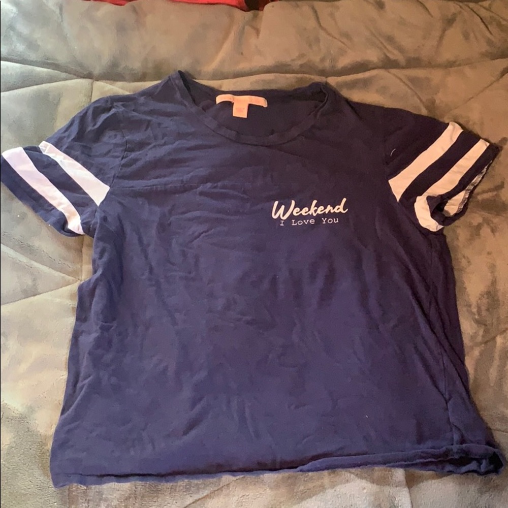 Blue and White Cropped “Weekend I Love You” Shirt